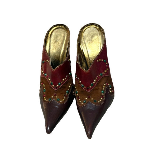 Vintage Rare Vicini Giuseppe Zanotti Mules Heels 7.5 Leather Western Jeweled 90s - Picture 2 of 11